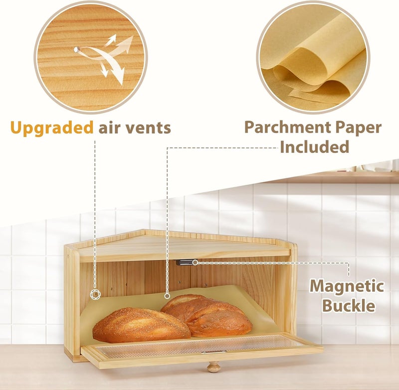 Sunhoo Bread Box for Kitchen Countertop Wooden Corner Breadbox Counter Food Storage Bin Container Farmhouse Rustic Homemade Bread Fresh Keeper Organizer Holder Vintage Stackable with Window (Yellow) - Image 2